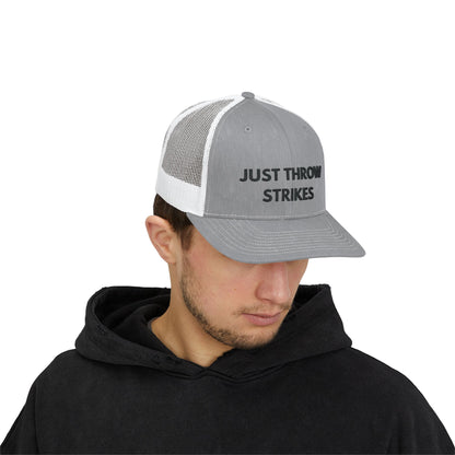 JUST THROW STRIKES || Embroidered Snapback Trucker Cap