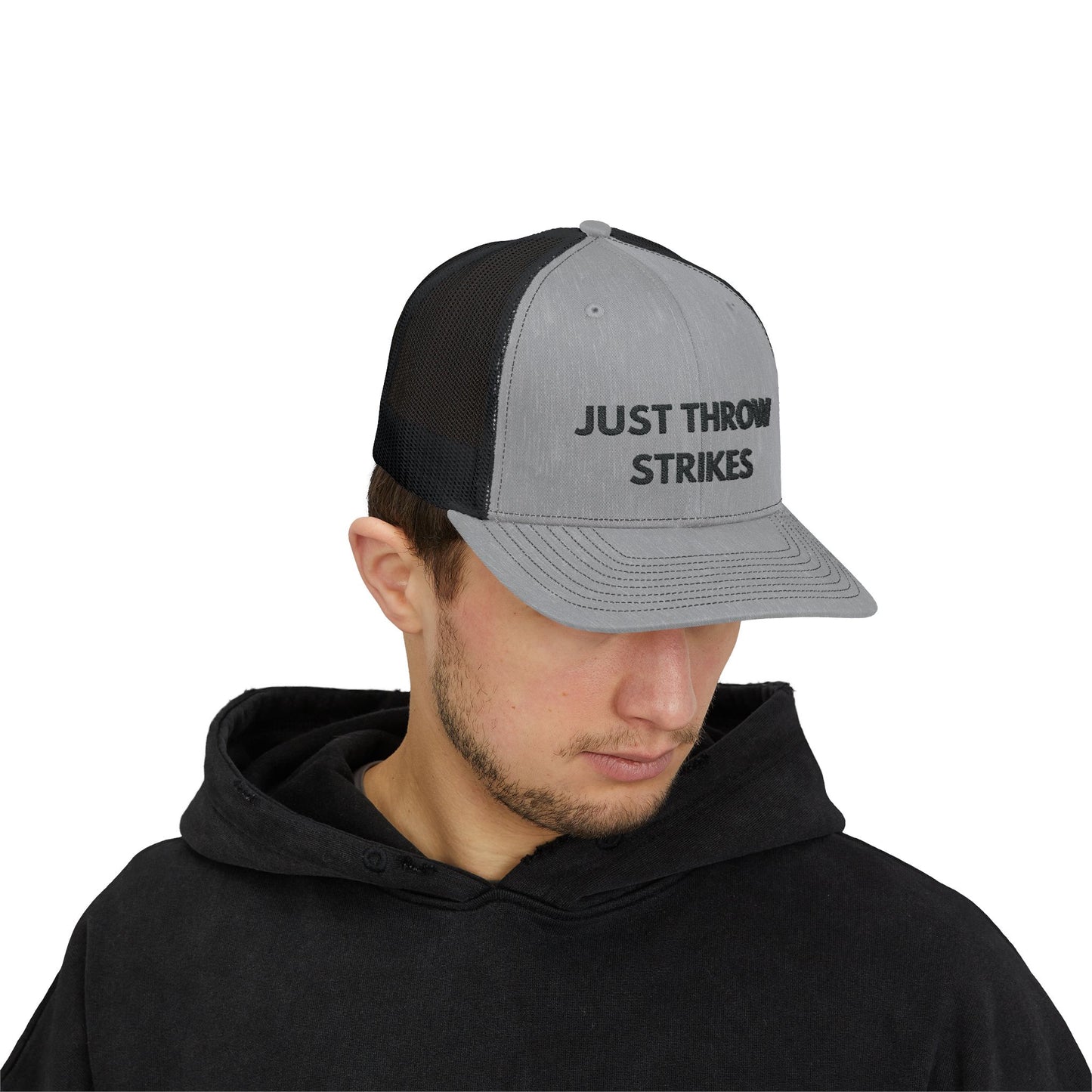 JUST THROW STRIKES || Embroidered Snapback Trucker Cap